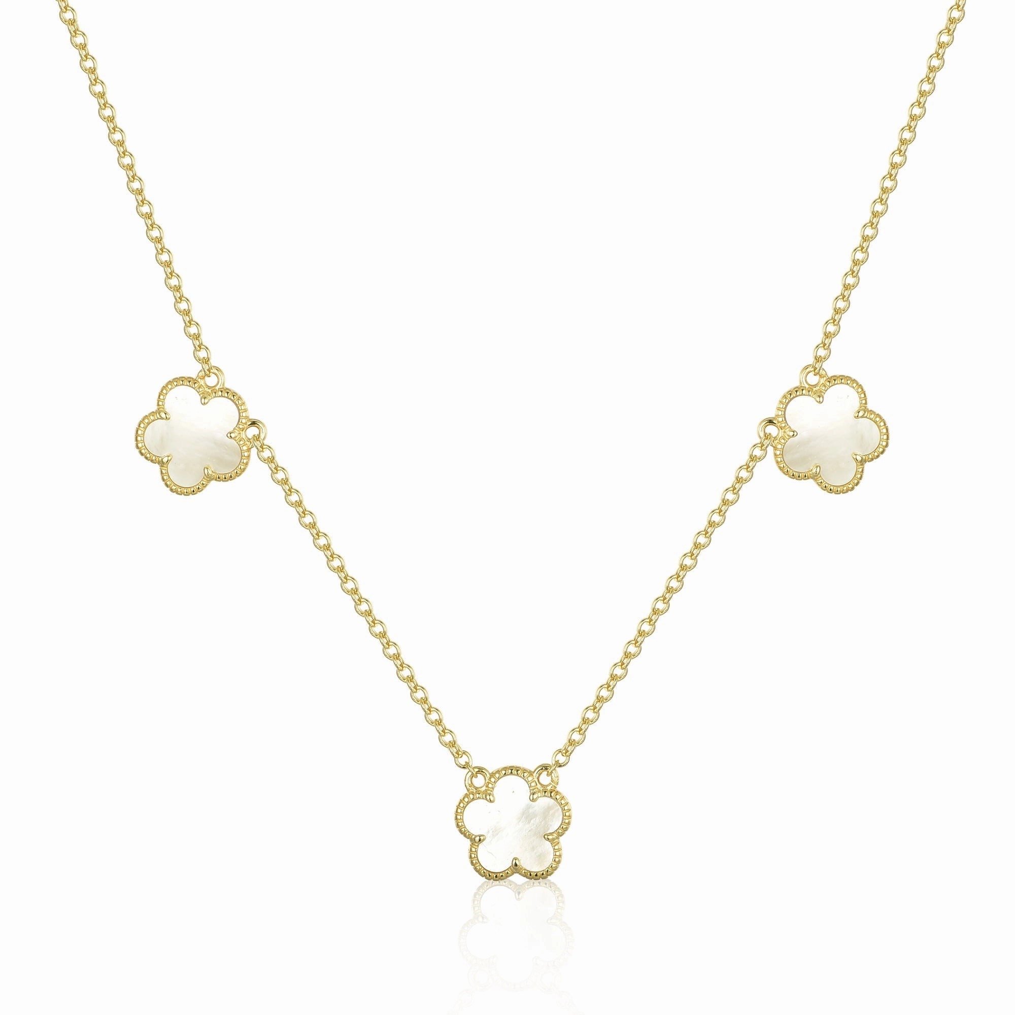 Delicate Shine Timeless Shine Craftwork Gold Plated Sterling Silver Mother of Pearl Three Flower Necklace