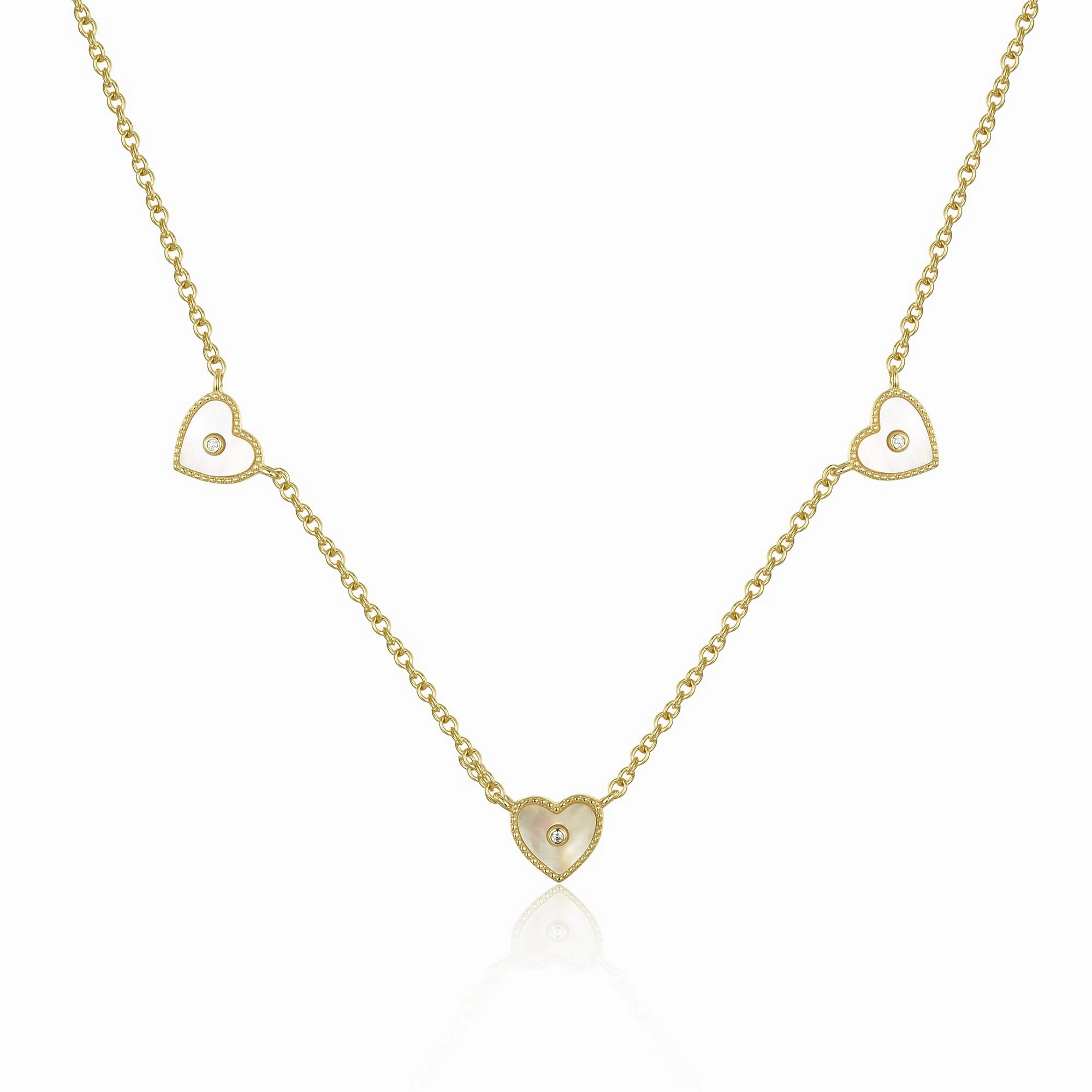 Gold Plated Sterling Silver Mother of Pearl Three Heart Necklace Refined Accent