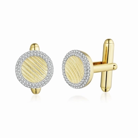 Distinctive Shine Gold Plated Sterling Silver Outline Micropave CZ Circle With Lined Brushed Gold Center Cufflinks