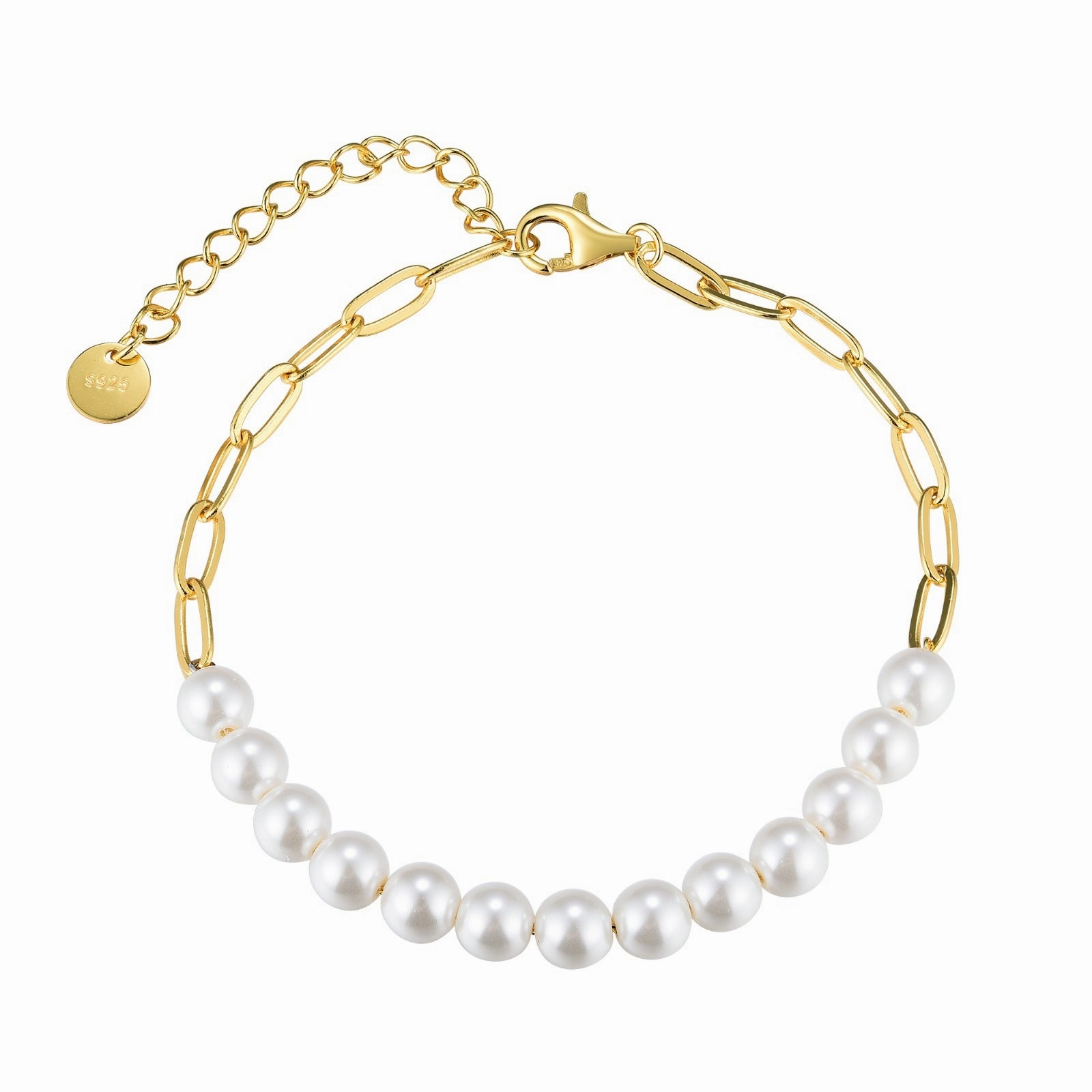 Dramatic Touch Gold Plated Sterling Silver Paperclip Chain With Pearl Bracelet