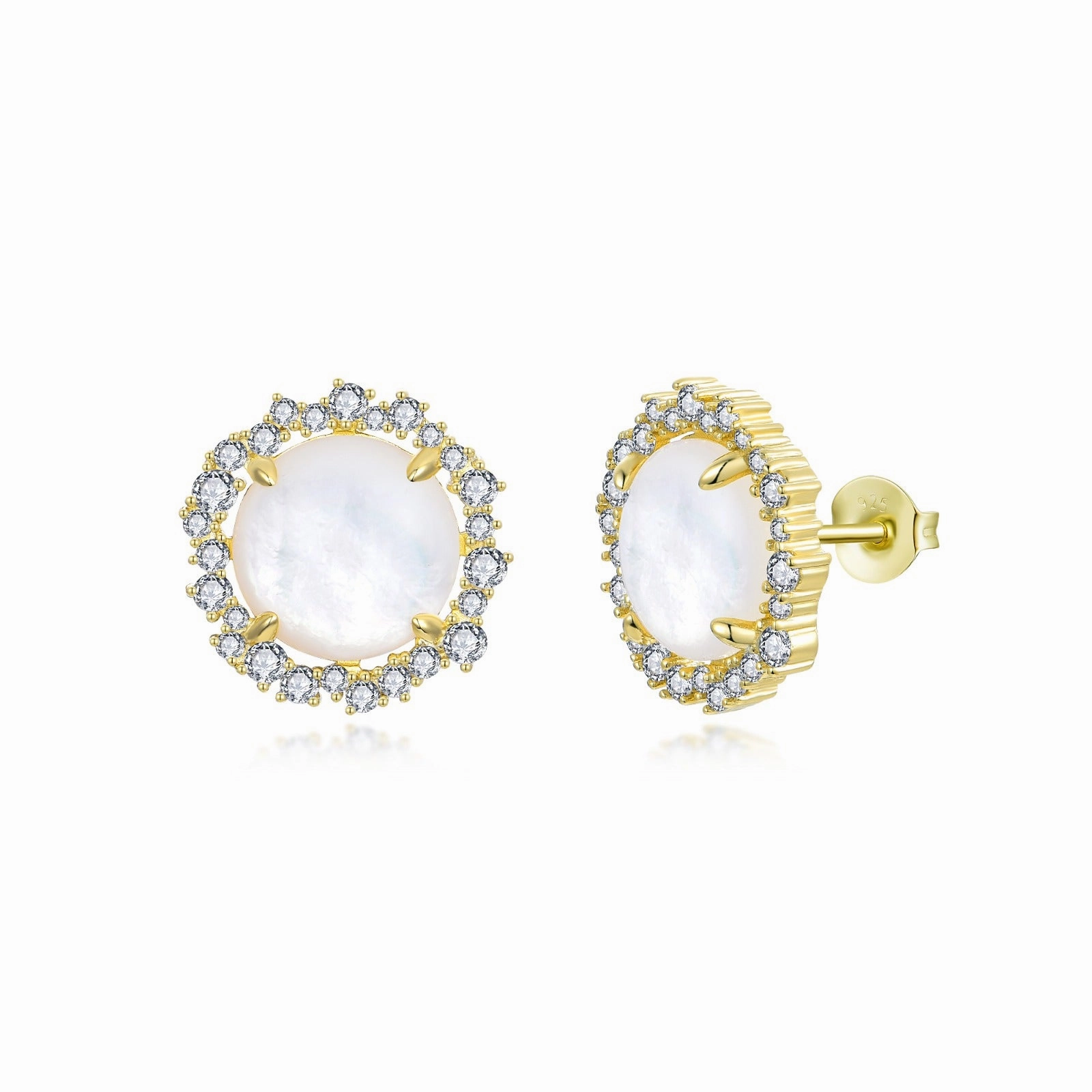 Gold Plated Sterling Silver Round Mother of Pearl with CZ Border Stud Earrings Photo Look Statement Style