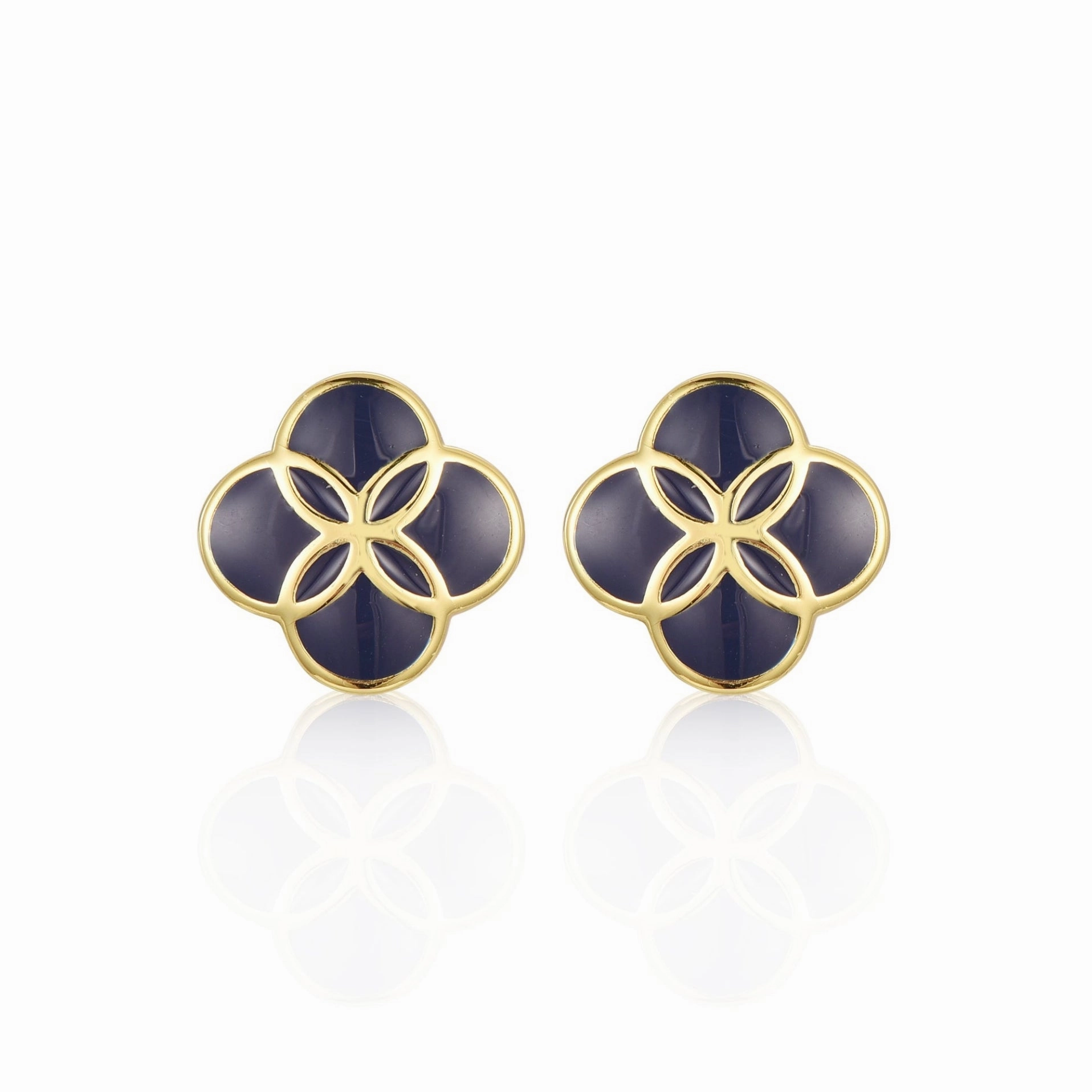 Shiny Pieces Enchanted Look Gold plated Surgical Steel Blue Enamel Clover Stud Earrings