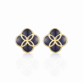 Shiny Pieces Enchanted Look Gold plated Surgical Steel Blue Enamel Clover Stud Earrings