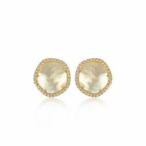 Structured Shape Allure Sparkle Gold-Plated Surgical Steel CZ Border With Mother of Pearl Natural Shape Stud Earrings