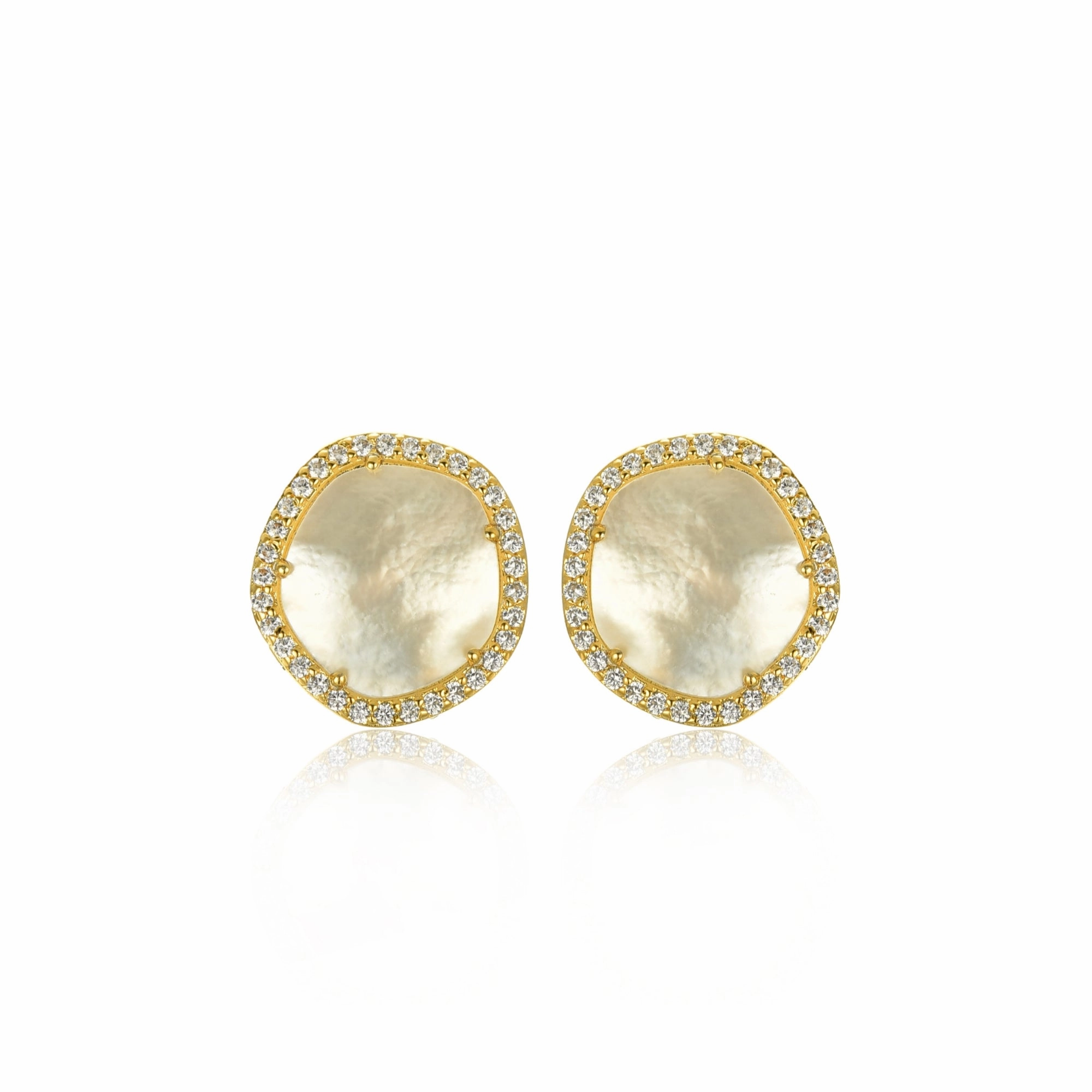 Structured Shape Allure Sparkle Gold-Plated Surgical Steel CZ Border With Mother of Pearl Natural Shape Stud Earrings