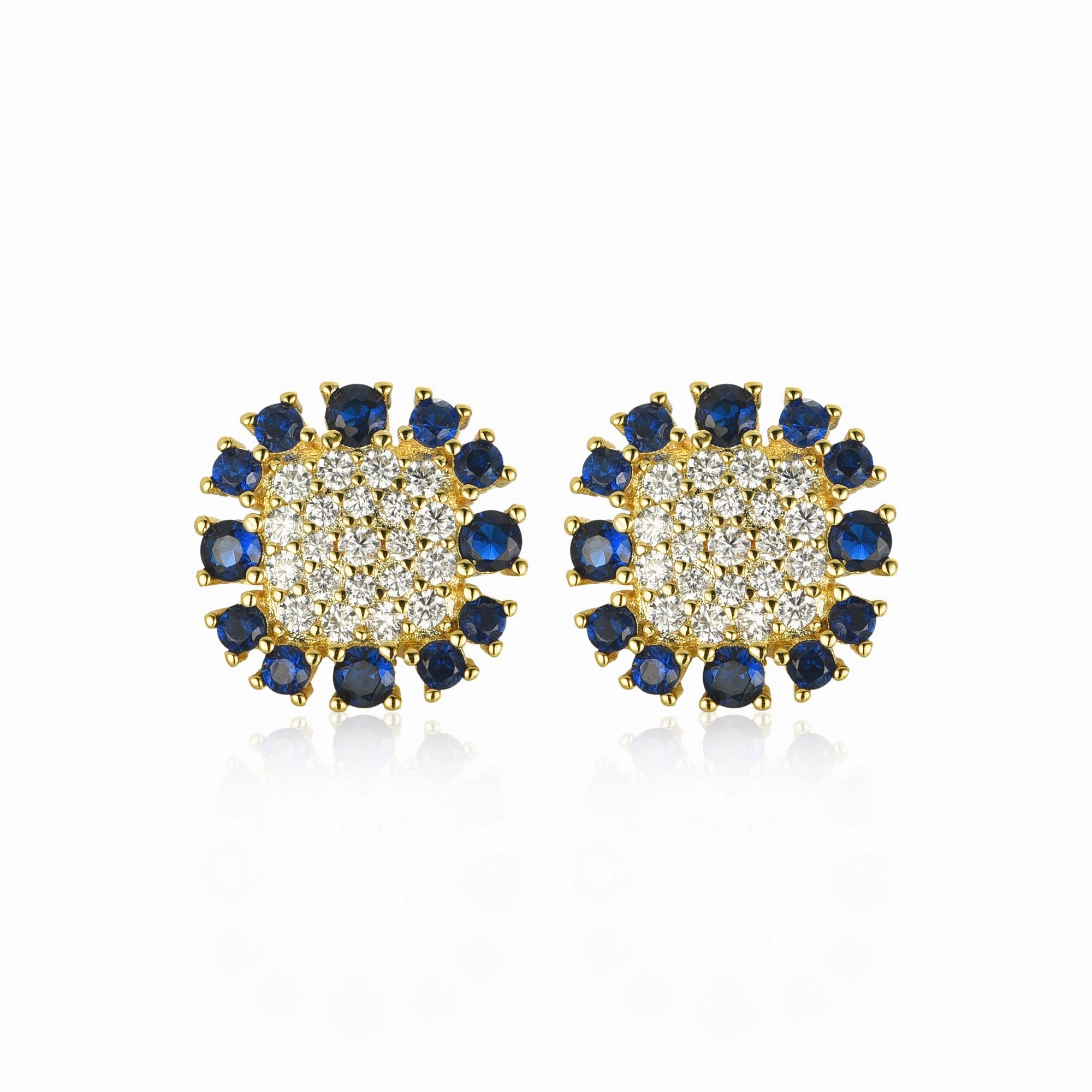 Gold-Plated Surgical Steel Sapphire Around CZ Square Stud Earrings Elegant Shine Pieces