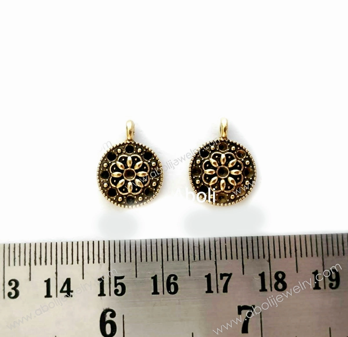 Color Match Golden Charm floral motif round charm with stone settings CHMG36 2 charms