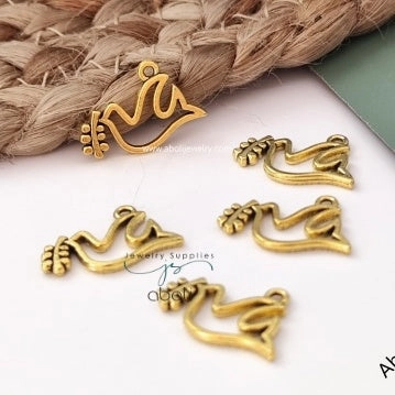 Sculpted Finish Unique Vibe Golden flying dove with olive branch bird charm fly spring CHMG203 2 charms
