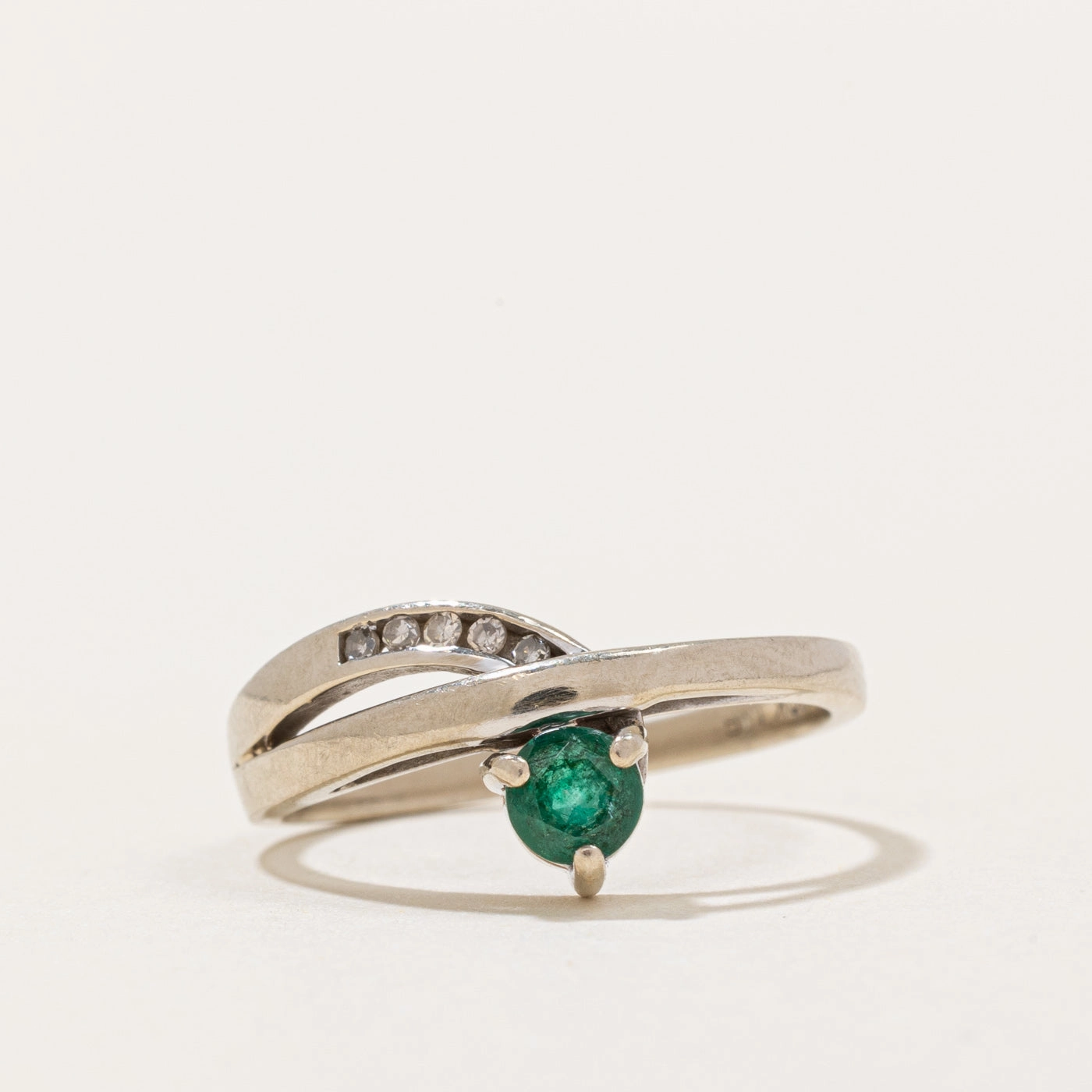 Fashionable Shine Soft Texture Emerald & Diamond Chevron Ring | 0.17ct, 0.02ctw | SZ 5.25 |