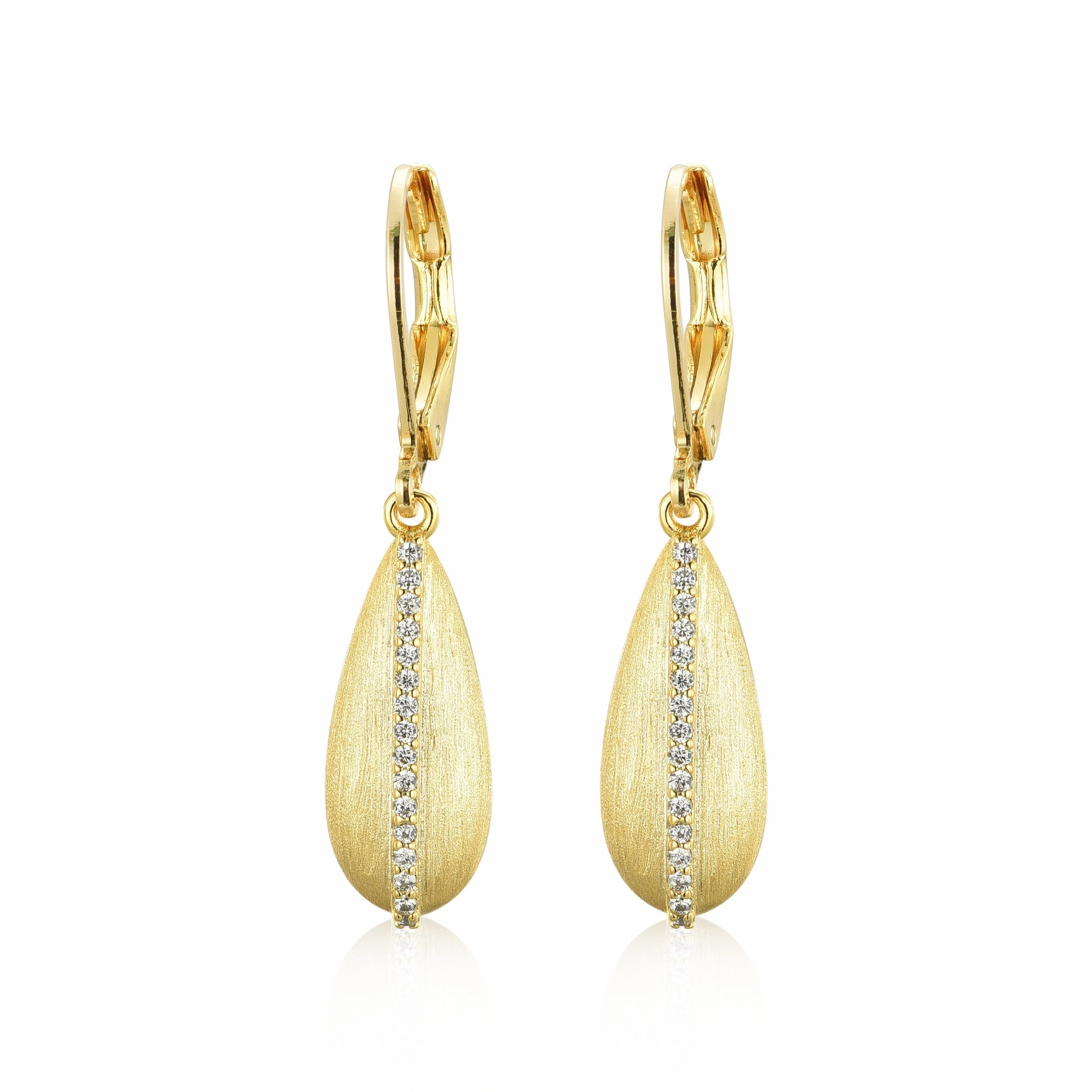 Shiny Detail Gold Plated Surgical Steel Brushed Teardrop With CZ Line Earring