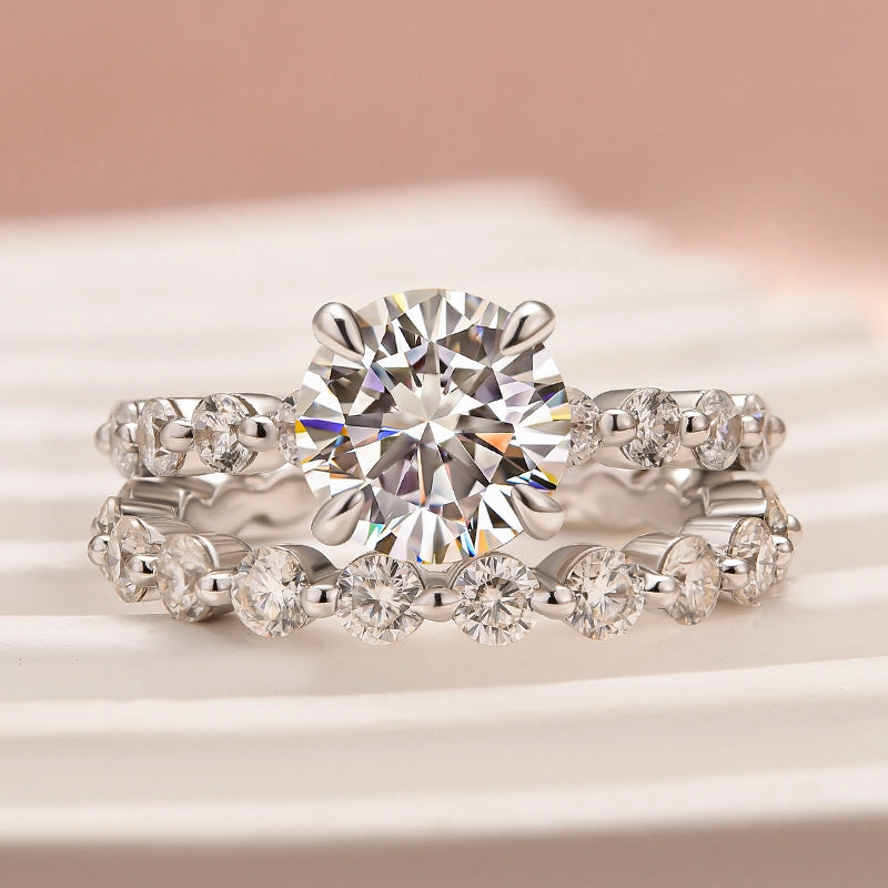 Moissanite 2.0 Carat Round Cut Wedding Ring Set With Eternity Wedding Band Shining Design Chic Flair
