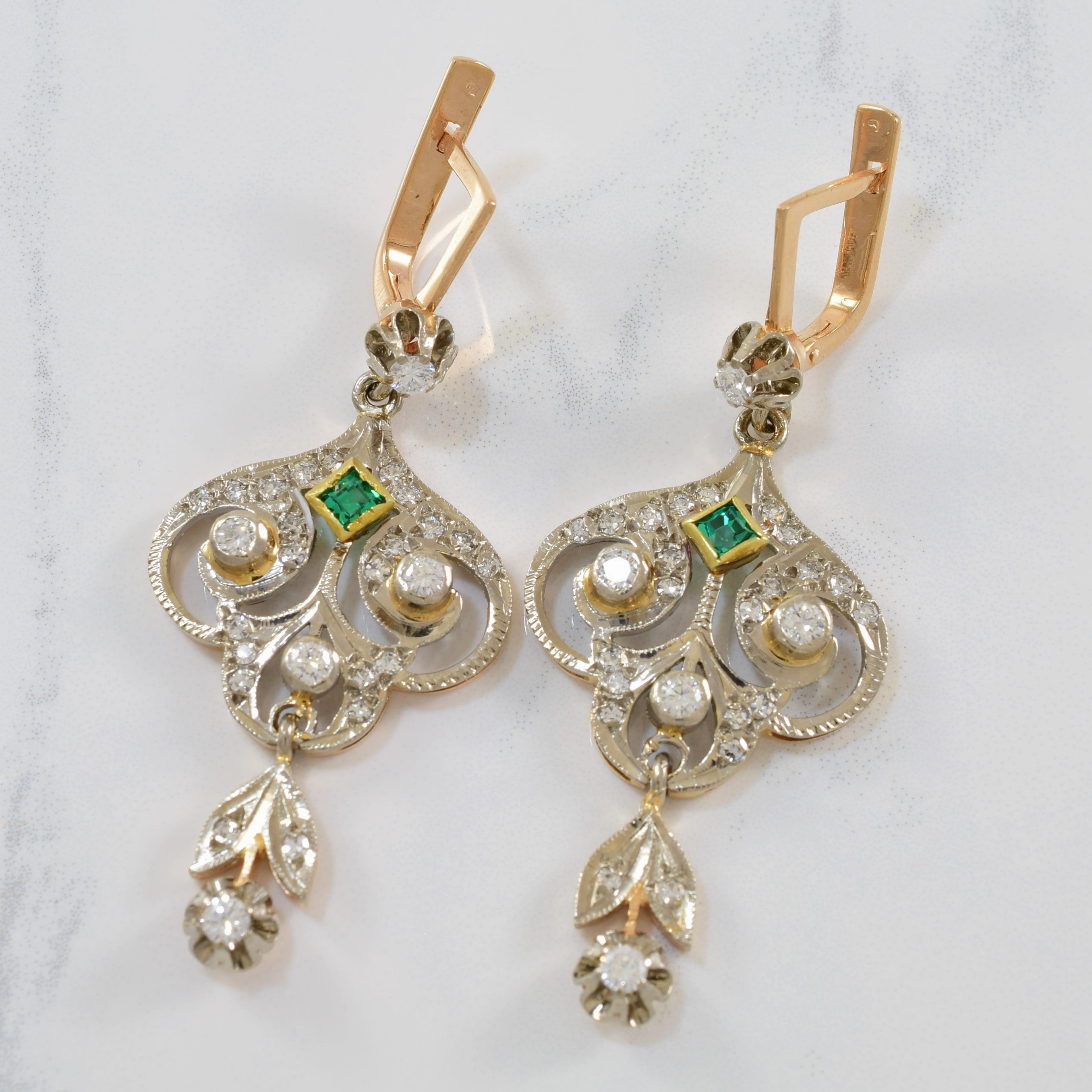 Retro Emerald & Diamond Chandelier Earrings | 1.50ctw, 0.20ctw | Radiant Finish Pieces Bright Detail