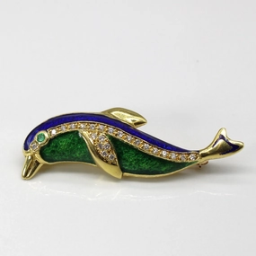Smart Casual Stylish Element Enameled Fish Diamond & Emerald Brooch | 0.23ctw | 0.03ct |
