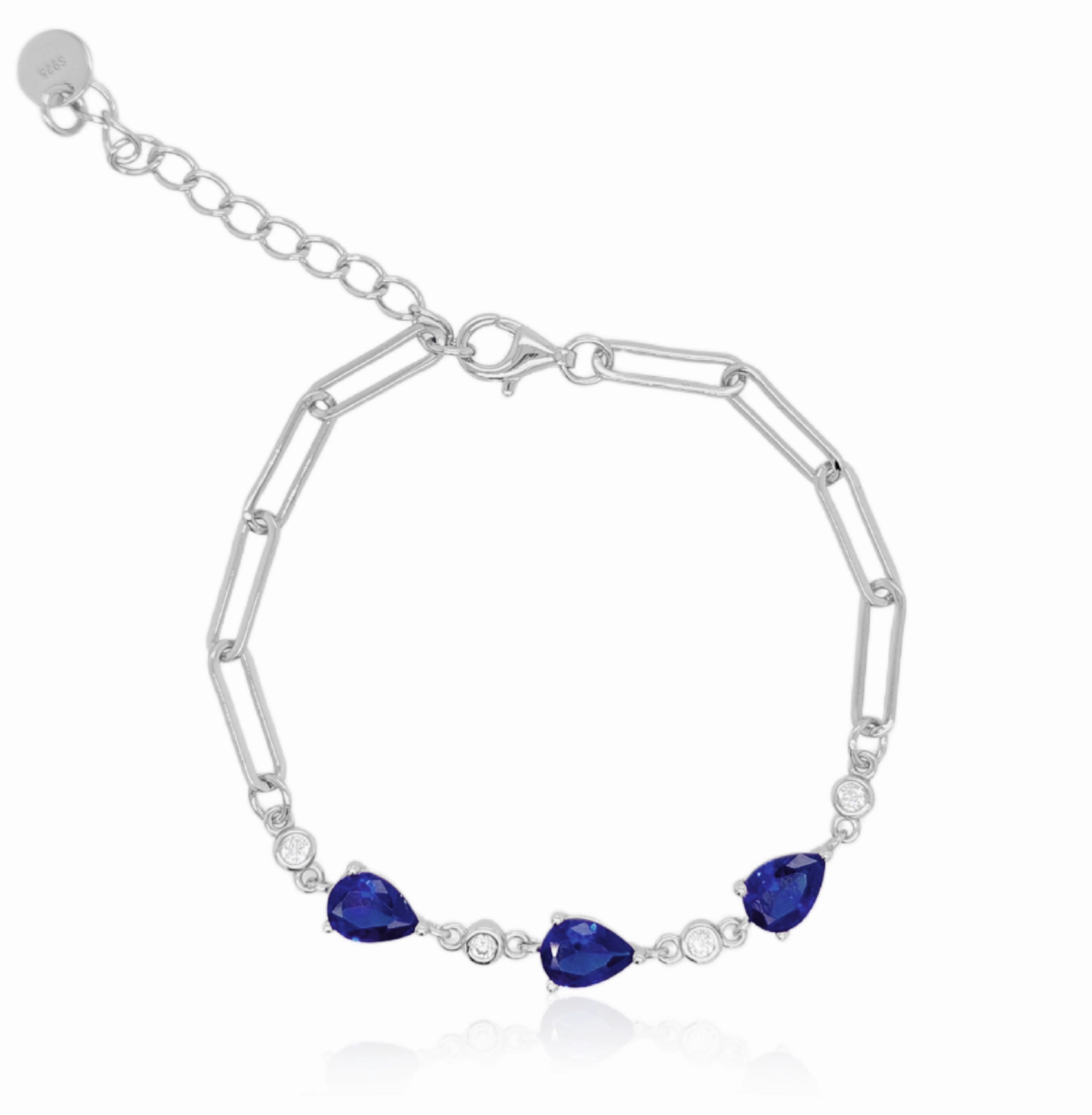 Stylish Look Sterling Silver Colored CZ Teardrop Stone Station Paperclip Bracelet