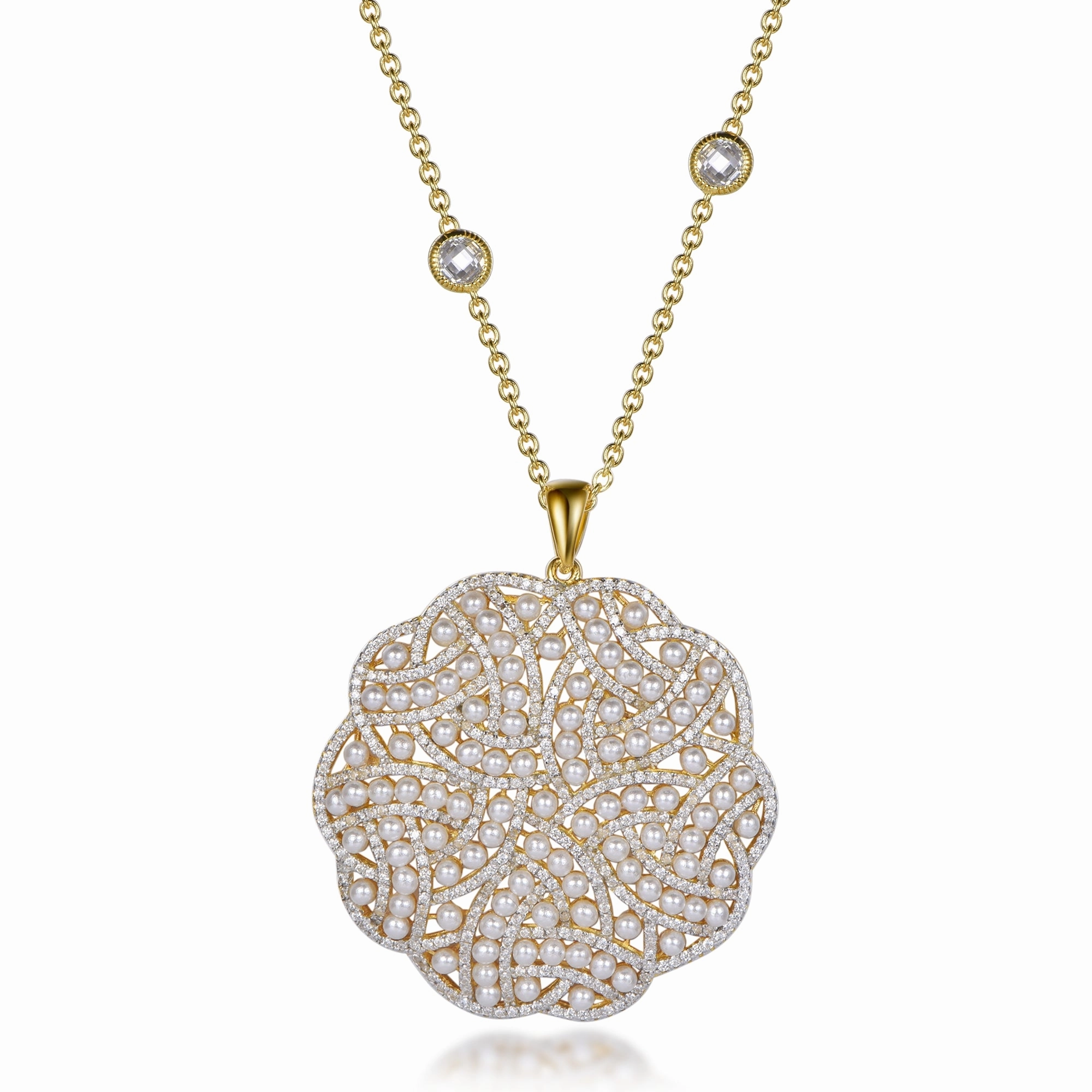 Smooth Lines Fashionable Style Gold Plated Sterling Silver Elegant Design Pearl and Micropave CZ Pendant Necklace