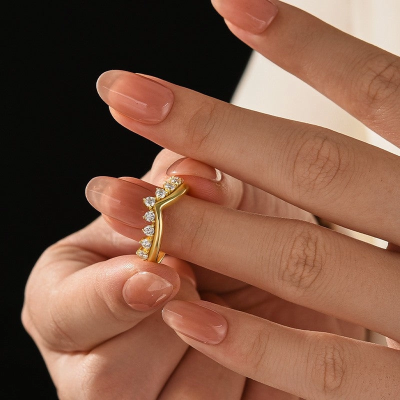 Graduated Yellow Gold Tiara Wedding Band With Round Moissanite Diamonds Everyday Glow