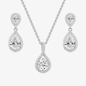 Halo Pear CZ Necklace and Earrings Set Pure Highlight Casual Design