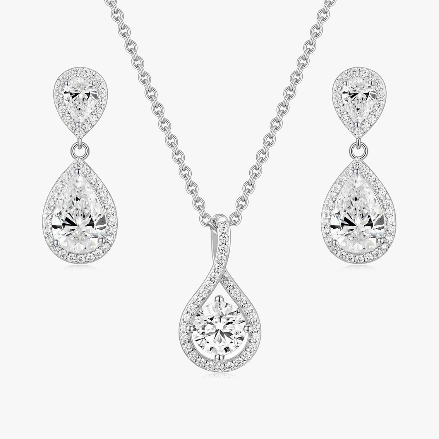 Halo Pear CZ Necklace and Earrings Set Pure Highlight Casual Design