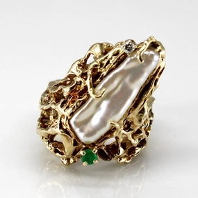 Textured Pearl Emerald & Diamond Ring | 0.15ct | 0.03ct | SZ 6.5 | Vibrant Jewelry Look Edgy Mood