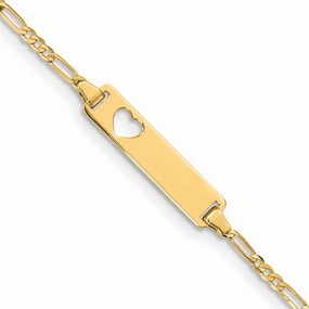 14k Polished Solid Chain/Solid Plate Figaro Link Cut-out Heart 20x5mm Plate 7 inch ID Bracelet Platinum Finish