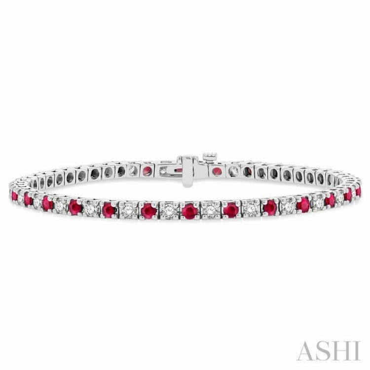 Today??s View Praiseworthy Combination 2.5 MM Ruby and 1 1/2 Ctw Round Cut Diamond Square Box Link Precious Tennis Bracelet in 14K White Gold