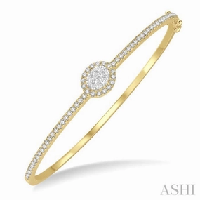 Luxurious Feel Exclusive Touch 1 ctw Oval Shape Lovebright Round Cut Diamond Stackable Bangle in 14K Yellow and White Gold