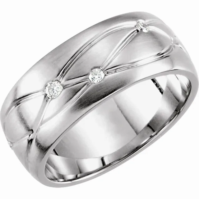 14K White 1/5 CTW Diamond Grooved 8 mm Band Size 7 Layered Combo