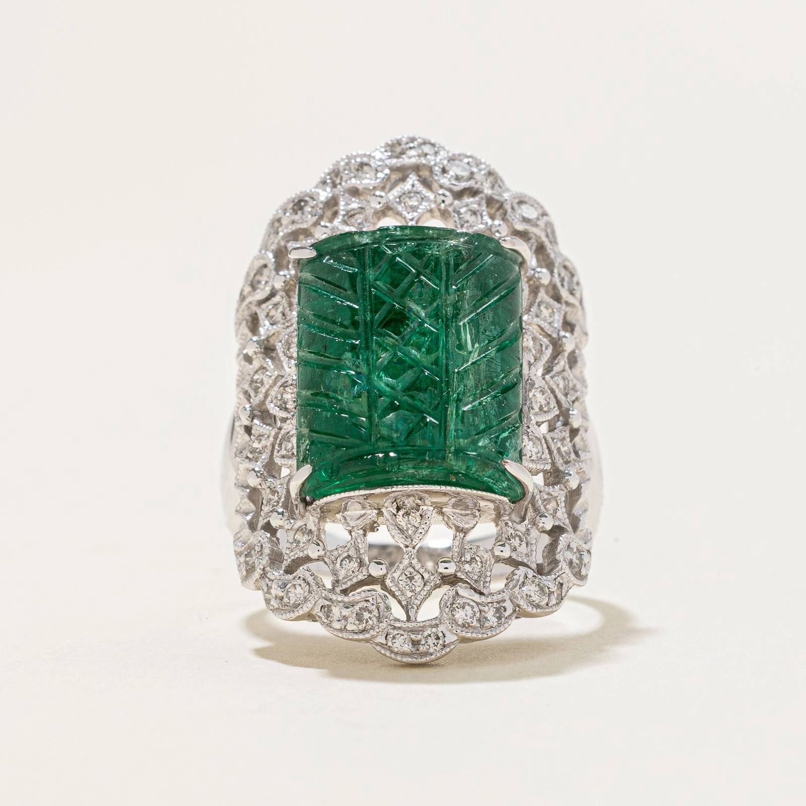 Muted Finish Stunning Piece Carved Emerald & Diamond Cocktail Ring | 3.75ct | 0.65ctw | SZ 7.25
