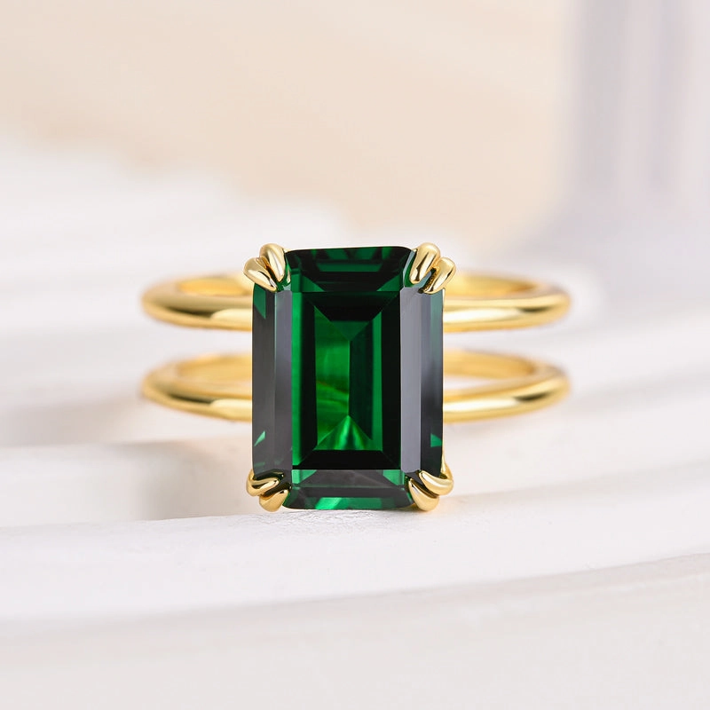 Classic Appeal Finest Form Louily Unique Design Yellow Gold Emerald Cut Engagement Ring In Sterling Silver