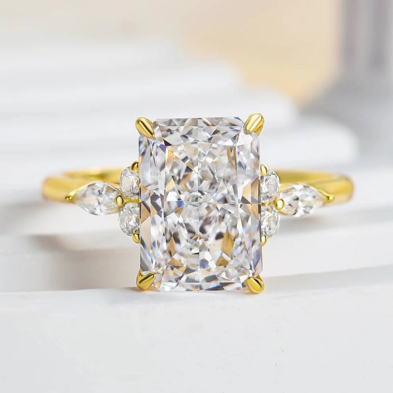 Intricate Work Noble Yellow Gold Crushed Ice Radiant Cut Engagement Ring