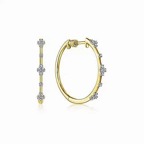 14K Yellow Gold .14cttw Diamond Cluster Hoop Earrings Designer Symbol