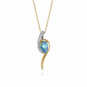 14K White & Yellow Gold Diamond and Pear Shape Blue Topaz Bypass Pendant Necklace Stain Less Sleek Jewelry