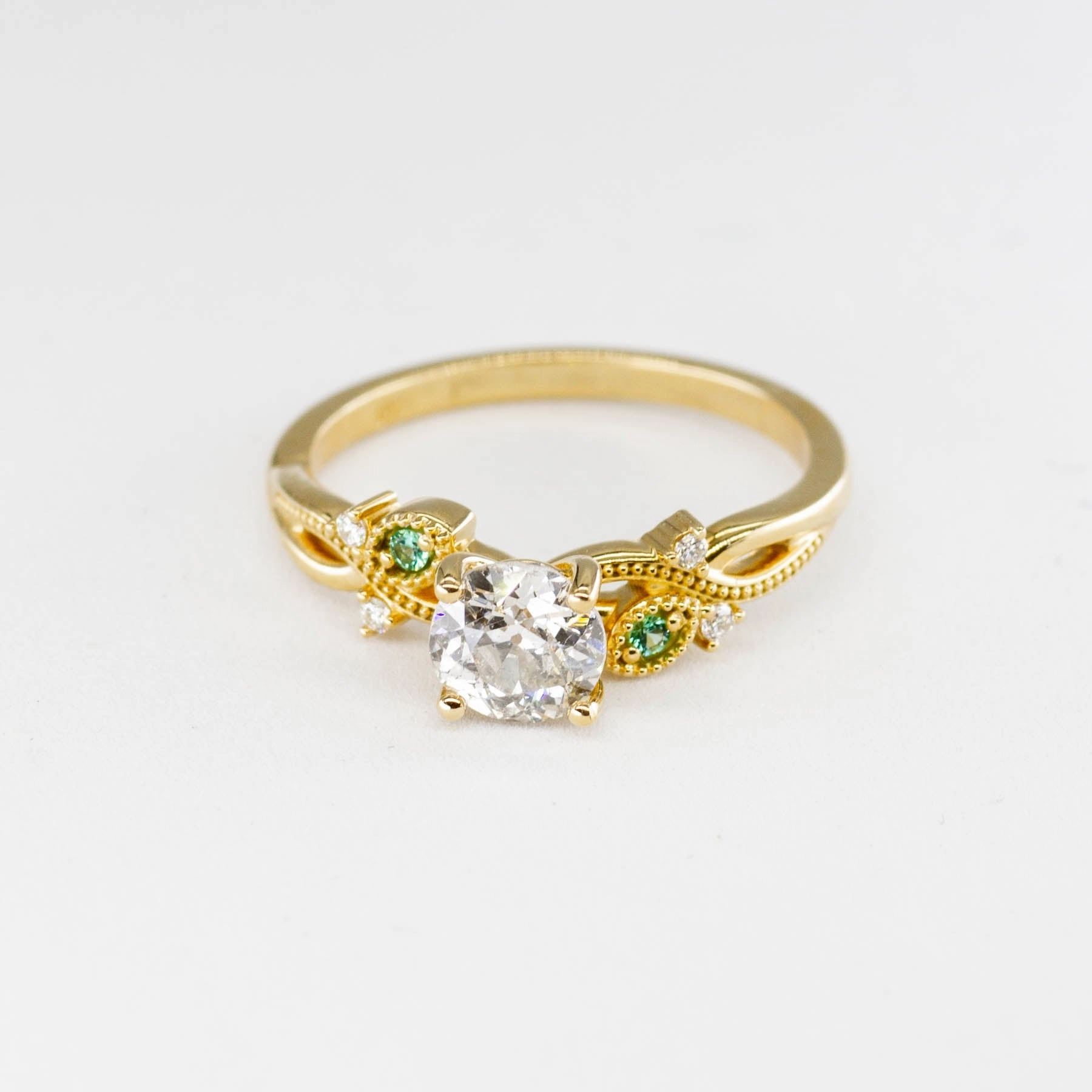 '100 Ways' Old European Cut Diamond Engagement Ring with Diamond and Emerald Accents | 0.92ctw, 0.04ctw | SZ 7.25 | Warm Accent
