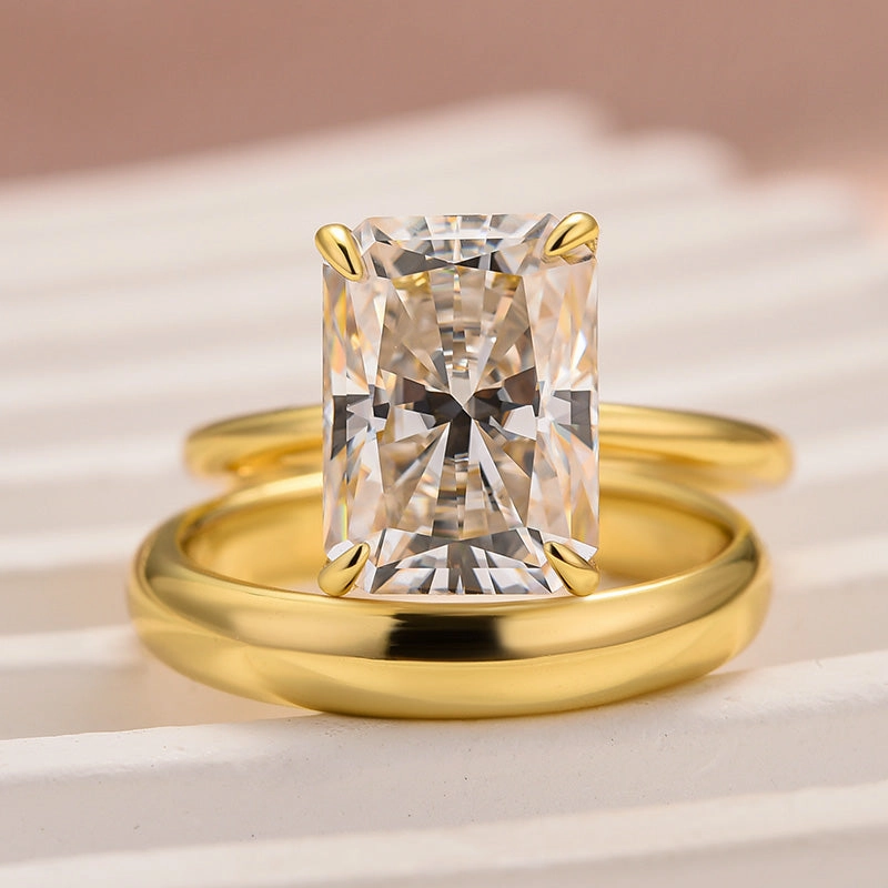 Louily Moissanite 4.5 Ct Radiant Cut Yellow Gold Wedding Ring Set with Wide Band Natural Touch Simple Form
