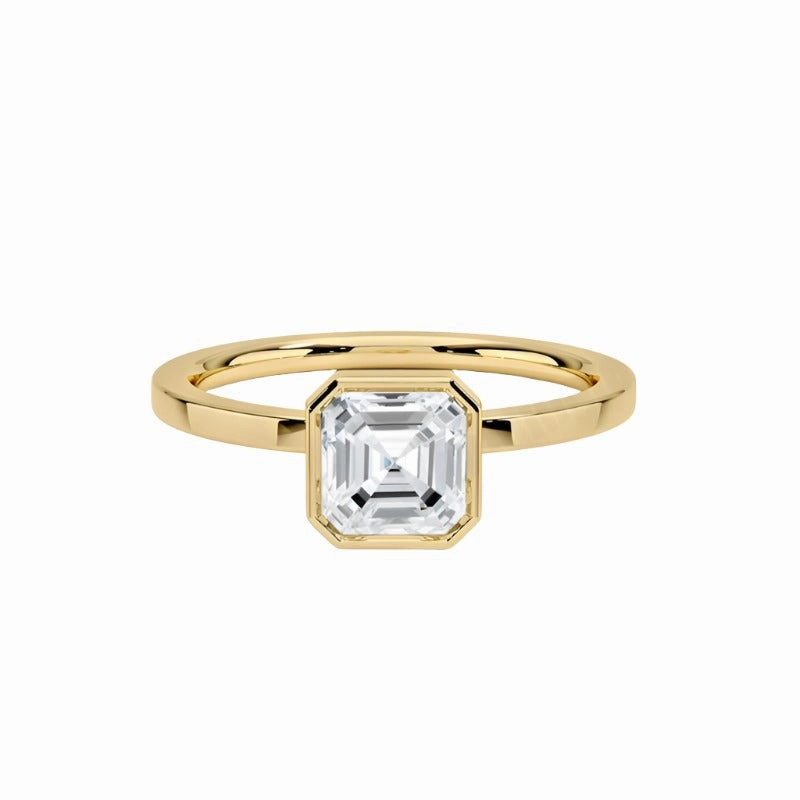 Luxury Design 1 Carat Moissanite Asscher Cut Bezel Set Ring in 925 Sterling Silver Plated with 18K Gold