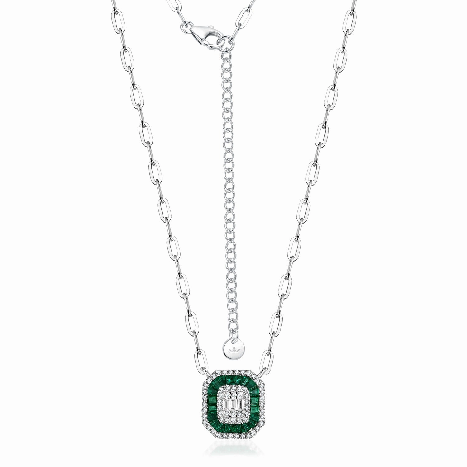 Shine And Style Classic Glimmer Rhodium Plated Sterling Silver Colored Baguette Emerald Cut Necklace