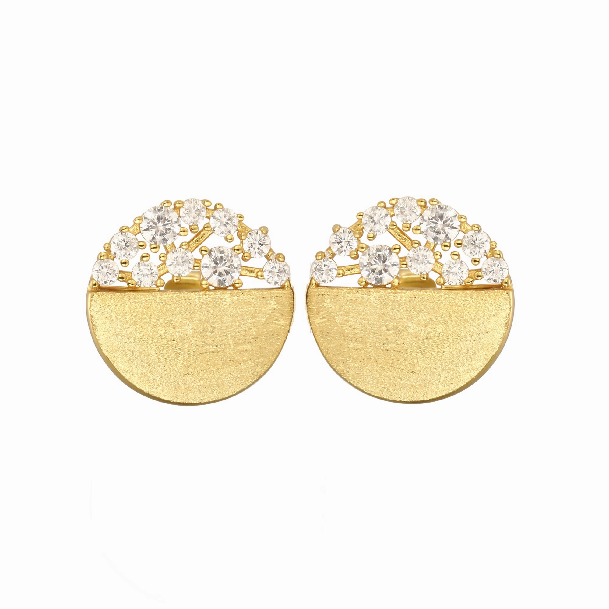 Versatile Style Layered Design Sterling Silver Brushed Gold Plated Half CZ Stud Earrings