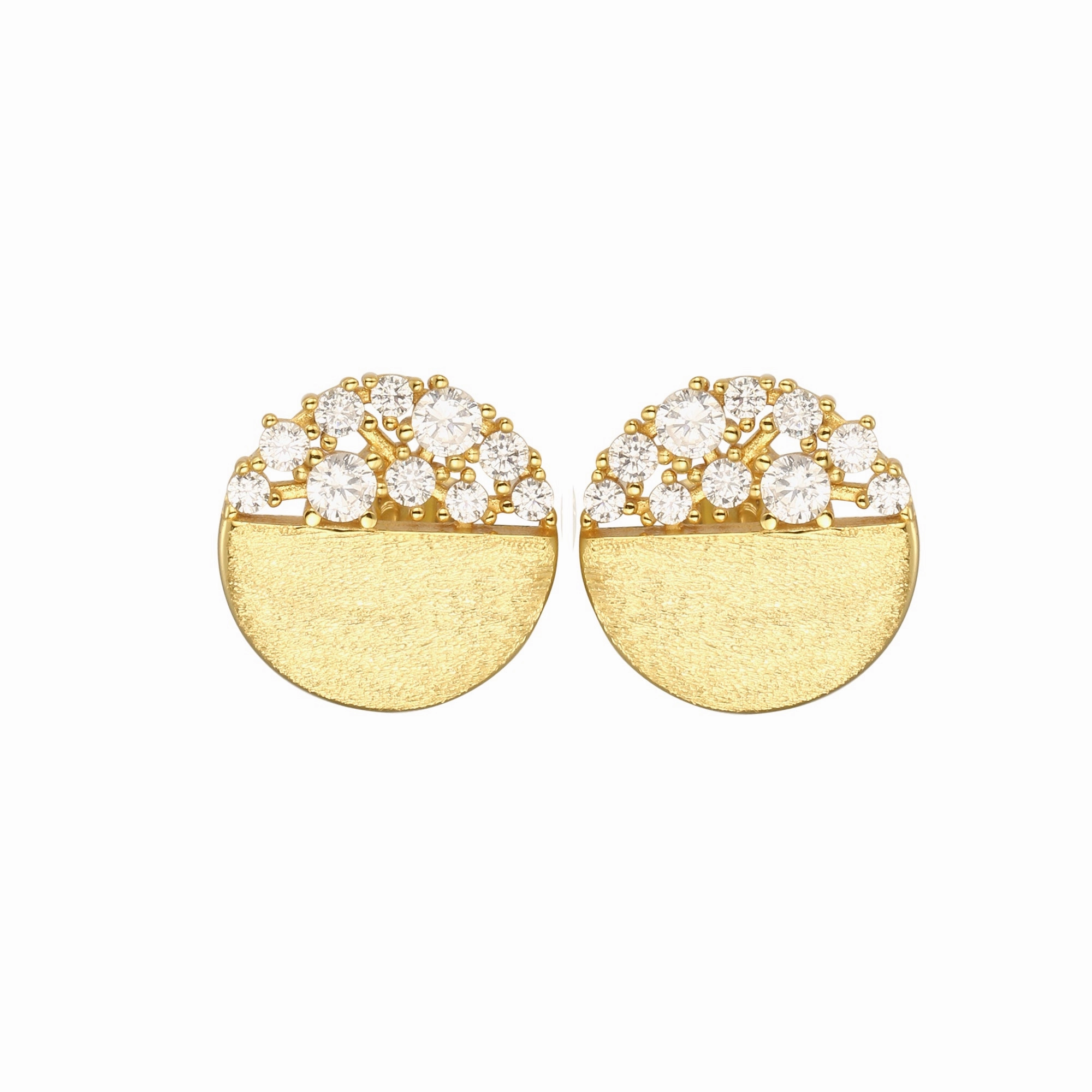 Bold piece Rich Color Sterling Silver Brushed Gold Plated Half CZ Stud Earrings