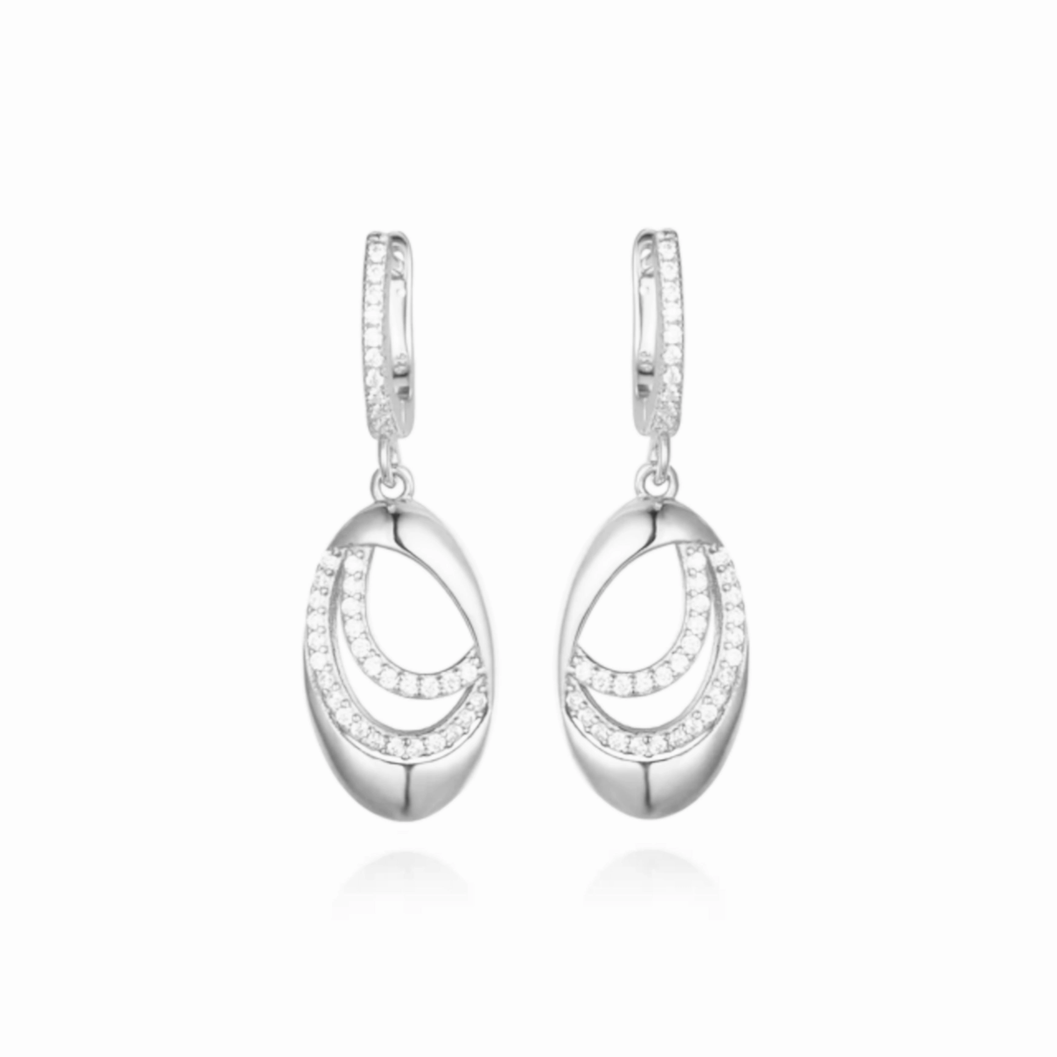 Sterling Silver Oval With Two Curved Lines of CZs Earrings Sleek Craft