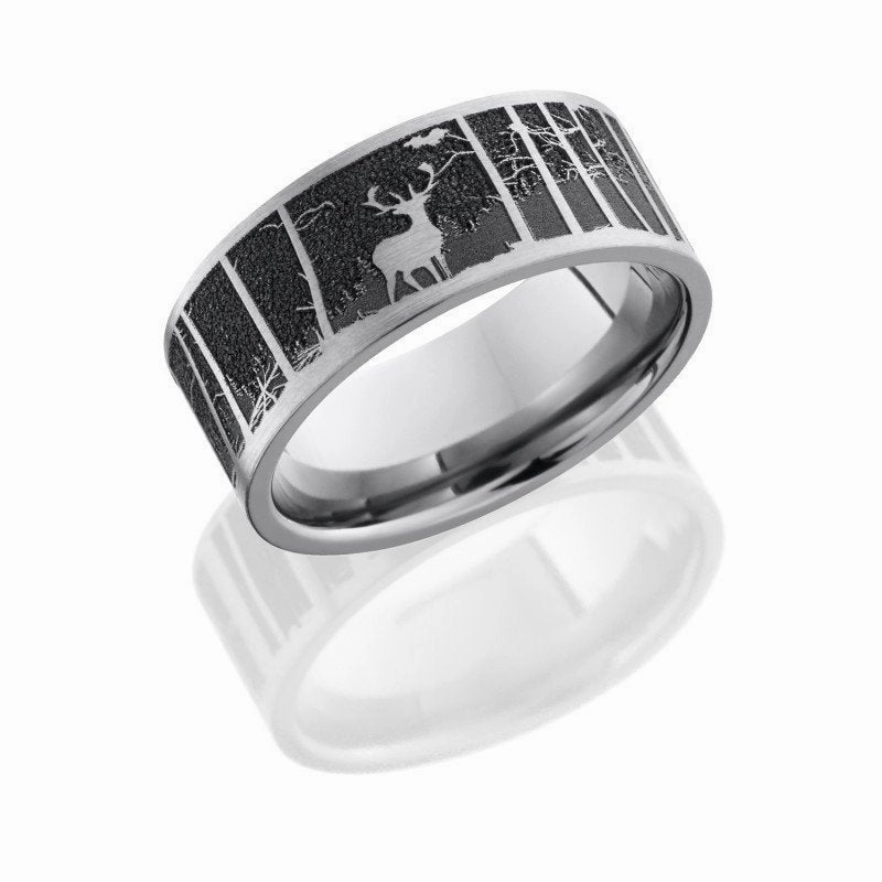 Playful Accessory Luxury Trinket Laser Carved Elk And Mountain Wedding Band Titanium 9mm
