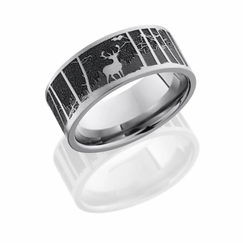Clean Sparkle Laser Carved Elk And Mountain Wedding Band Titanium 9mm