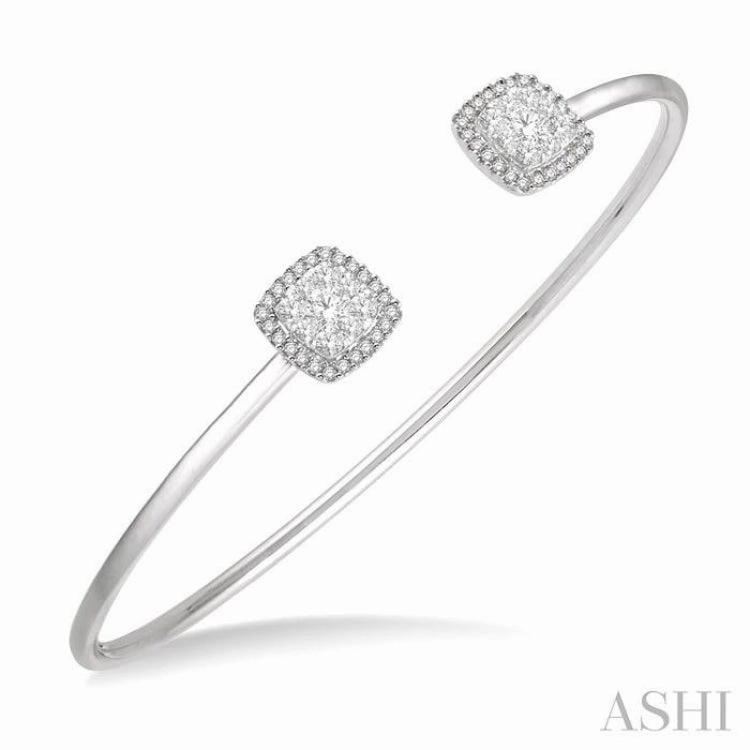3/4 Ctw Cushion Shape Lovebright Open Cuff Diamond Bangle in 14K White Gold Broad Mixes