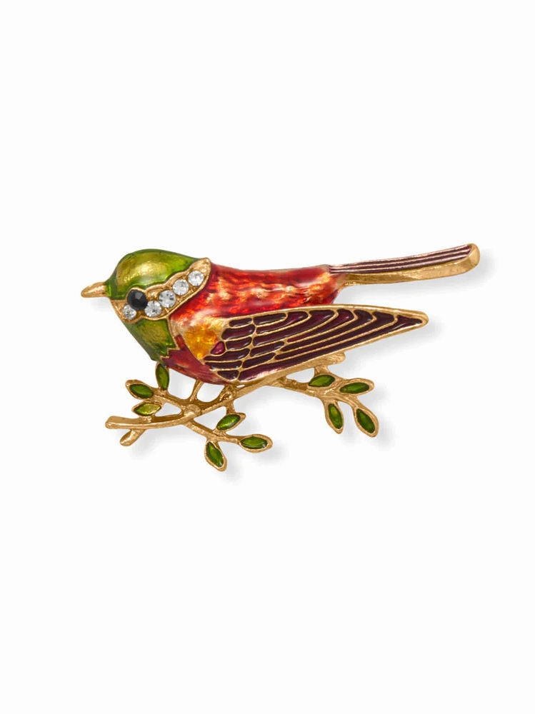 Exquisite finish Fashion Sparrow Bird Pin with Crystal Accents Gold Tone