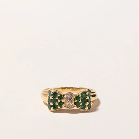 Delicate Details Bold Contour Birks' Vintage 18k Yellow Gold Emerald & Diamond Bow Design Ring | 0.48ctw, 0.10ctw | SZ 6.25