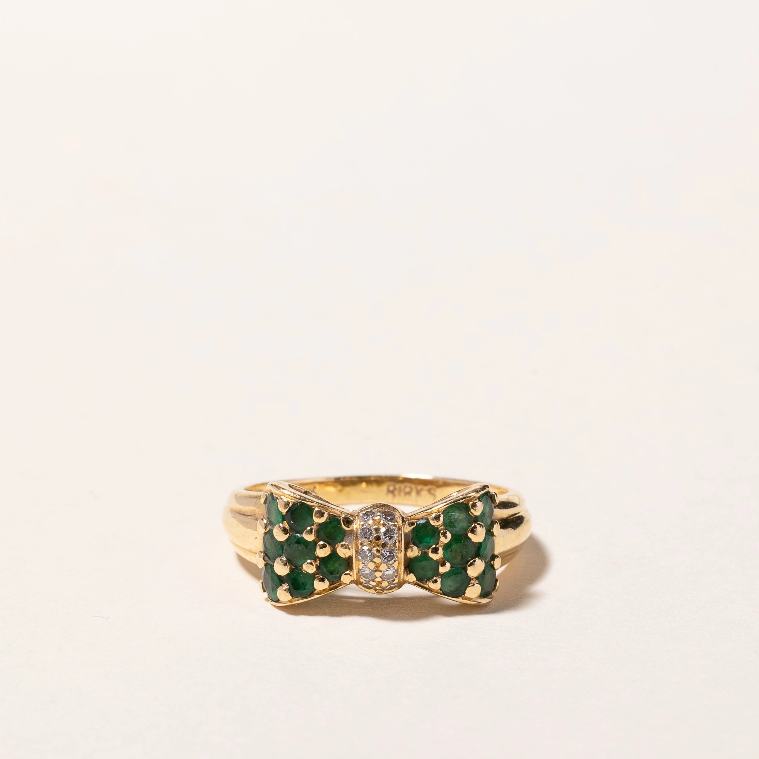Delicate Details Bold Contour Birks' Vintage 18k Yellow Gold Emerald & Diamond Bow Design Ring | 0.48ctw, 0.10ctw | SZ 6.25