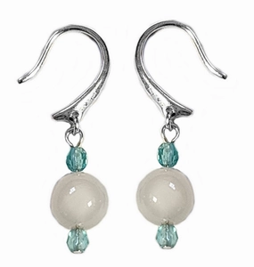 8mm White Agate and Aqua Blue Czech Bead Earrings Silver Plate Hook Ear Wire Studio Shot Sleek Touch