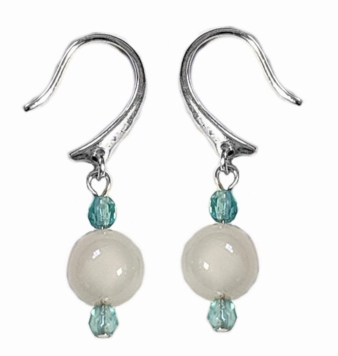 8mm White Agate and Aqua Blue Czech Bead Earrings Silver Plate Hook Ear Wire Studio Shot Sleek Touch