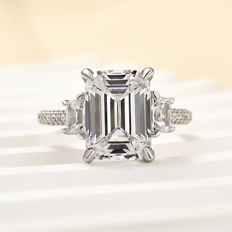 Day To Night Color Accent Louily Stunning Emerald Cut Three Stone Engagement Ring In Sterling Silver