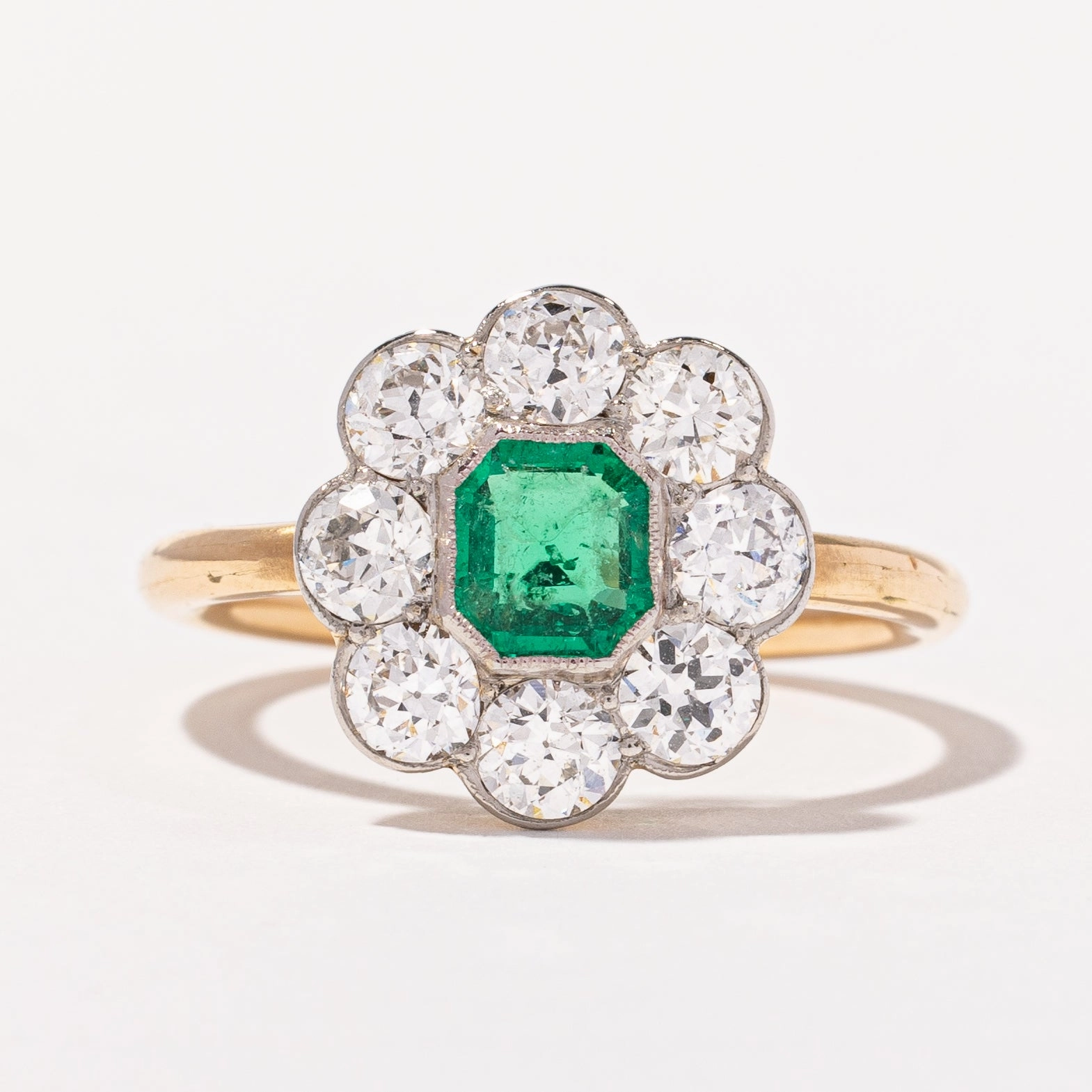 Edwardian Emerald and Old European Cut Diamond Halo Ring | 1.32ctw, 0.56ct | SZ 6.5 | Elite Shape