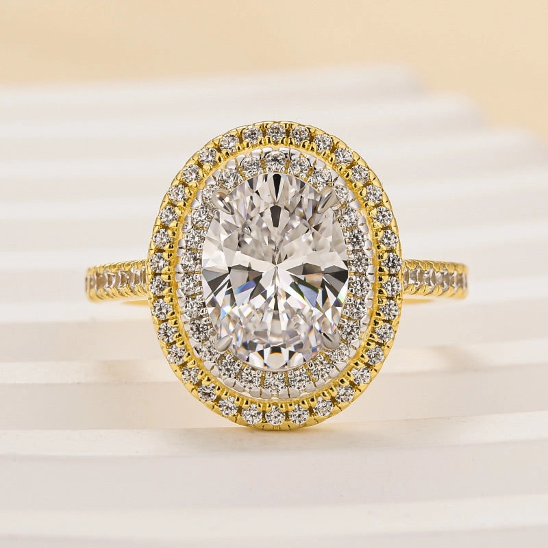Louily Beautiful Double Halo Oval Cut Yellow Gold Engagement Ring Structured Design